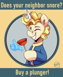 Size: 3000x3700 | Tagged: safe, artist:shadowreindeer, pony, unicorn, april fools, fallout, horn, plunger, ponified, poster, solo, vault boy