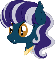 Size: 1248x1331 | Tagged: safe, artist:pure-blue-heart, oc, oc only, oc:heartfang, bat pony, bat pony oc, bust, commission, fangs, female, jewelry, male to female, necklace, patreon, patreon reward, portrait, side view, simple background, transgender, transparent background, watermark