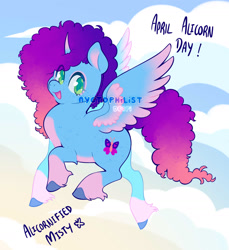 Size: 1611x1758 | Tagged: safe, artist:nyctophilist, derpibooru exclusive, misty brightdawn, alicorn, g5, afro mane, alicornified, blue coat, cloud, colored wings, flying, gradient mane, gradient wings, green eyes, happy, horn, mistycorn, race swap, rebirth misty, sky, smiling, solo, spread wings, wings