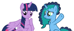 Size: 1260x530 | Tagged: safe, artist:angellight-bases, artist:twilyisbestpone, derpibooru exclusive, misty brightdawn, twilight sparkle, alicorn, pony, unicorn, g4, g5, base used, duo, duo female, female, frown, g5 to g4, generation leap, hooves up, horn, mare, simple background, smiling, spread wings, transparent background, twilight sparkle (alicorn), wings