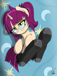 Size: 3000x4000 | Tagged: safe, artist:noomeralf, oc, oc:april emerald, pony, unicorn, bed, bedroom eyes, clothes, eyeshadow, female, frog (hoof), glasses, horn, looking at you, lying down, makeup, mare, socks, underhoof
