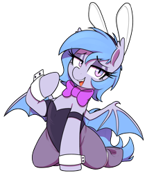 Size: 1440x1600 | Tagged: safe, artist:thebatfang, oc, oc only, oc:lucky roll, bat pony, pony, bat pony oc, bat wings, bunny suit, clothes, female, kneeling, lidded eyes, mare, open mouth, pantyhose, simple background, solo, transparent background, wings