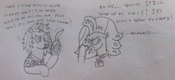 Size: 3264x1486 | Tagged: safe, artist:supahdonarudo, derpibooru exclusive, oc, oc only, oc:ironyoshi, oc:sea lilly, hippogriff, unicorn, annoyed, april fools 2023, bomb, deranged, faceclaw, facepalm, horn, messy mane, sketch, weapon