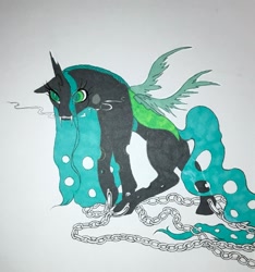 Size: 1757x1881 | Tagged: safe, artist:midnightmoon1986, queen chrysalis, changeling, changeling queen, g4, broken horn, chained, chains, colored, fangs, female, horn, imprisoned, solo, spread wings, tail, torn wings, traditional art, wings