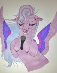 Size: 1976x2529 | Tagged: safe, artist:midnightmoon1986, queen haven, pegasus, pony, g5, cute, cute little fangs, eyes closed, eyeshadow, fangs, female, makeup, mare, microphone, open mouth, pony love, scene interpretation, singing, solo, spread wings, traditional art, unshorn fetlocks, wings