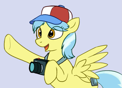 Size: 783x570 | Tagged: artist needed, safe, tracy flash, pegasus, g4, baseball cap, camera, cap, eye clipping through hair, hat, open mouth, pointing, simple background