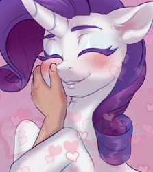 Size: 3568x4000 | Tagged: safe, artist:helemaranth, rarity, human, pony, unicorn, g4, blushing, eyes closed, female, hand, hand on cheek, heart, high res, horn, human on pony petting, mare, petting, smiling
