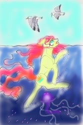 Size: 1451x2167 | Tagged: safe, artist:midnightmoon1986, oc, oc only, bird, earth pony, fish, jellyfish, pony, asphyxiation, bags under eyes, bubble, colored, crepuscular rays, drowning, female, female focus, floppy ears, frown, irony, mare, ocean, open mouth, partially submerged, solo focus, sunlight, swimming, tail, underwater, water