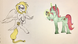 Size: 2361x1332 | Tagged: safe, artist:midnightmoon1986, crackle cosette, golden feather, princess celestia, queen chrysalis, pegasus, pony, unicorn, g4, braid, braided tail, camera, disguise, disguised changeling, duo, duo female, ear piercing, earring, female, glowing, glowing horn, horn, jewelry, levitation, magic, magic aura, mare, one eye closed, piercing, raised hoof, spread wings, standing, standing on one leg, tail, telekinesis, traditional art, unshorn fetlocks, wings