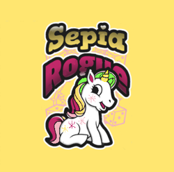 Size: 335x332 | Tagged: safe, oc, oc only, oc:sepia rogue, unicorn, blank flank, character design, colored ear fluff, colored horn, facial markings, female, horn, mare, markings, ms paint, mspaintponies, multicolored hair, patterned background, simple background, solo, yellow background