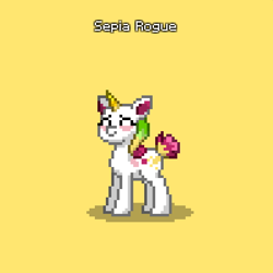 Size: 596x595 | Tagged: safe, oc, oc only, oc:sepia rogue, pony, unicorn, pony town, blank flank, body markings, colored ear fluff, colored horn, facial markings, female, horn, mare, markings, multicolored hair, pixel art, short tail, simple background, tail