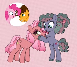 Size: 2556x2221 | Tagged: safe, artist:polyushko, cheese sandwich, pinkie pie, oc, unnamed oc, earth pony, pony, g4, bipedal, candy, candy in hair, duo, face grab, female, food, freckles, hoof on face, looking away, mare, offspring, parent:cheese sandwich, parent:pinkie pie, parents:cheesepie, siblings, sisters, smiling