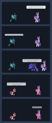 Size: 703x1650 | Tagged: safe, artist:crystalightx, moondancer, princess luna, queen chrysalis, starlight glimmer, sunny starscout, twilight sparkle, changeling, changeling queen, pony, unicorn, g4, g5, april fools, april fools 2024, comic, female, horn, mare, sunny and her heroine