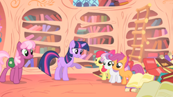 Size: 1280x720 | Tagged: safe, screencap, apple bloom, cheerilee, scootaloo, sweetie belle, twilight sparkle, earth pony, pony, unicorn, g4, season 1, the show stoppers, animation error, bag, coloring error, cutie mark crusaders, earth pony scootaloo, error, female, golden oaks library, horn, looking at each other, looking at someone, open mouth, open smile, race swap, raised hoof, smiling, smiling at each other, unicorn twilight, walking, wingless, wrong eye color