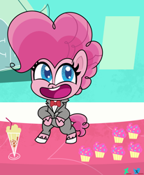 Size: 6600x8010 | Tagged: safe, artist:kuren247, pinkie pie, earth pony, pony, g4, g4.5, my little pony: pony life, big smile, bipedal, clothes, costume, crossover, cupcake, dancing, drink, fanart, food, looking away, milkshake, parody, pee-wee herman, shoes, show accurate, solo, sugarcube corner, suit