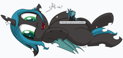 Size: 1450x687 | Tagged: safe, alternate version, artist:soccy, queen chrysalis, changeling, changeling queen, derpibooru, g4, april fools 2024, bellyrubs, cute, cutealis, desktop ponies, lying down, meta, pixel art, pixelated, simple background, speech bubble, sprite, white background