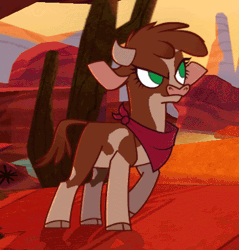 Size: 450x470 | Tagged: safe, arizona (tfh), cow, them's fightin' herds, animated, bandana, cloven hooves, community related, desert, evil smile, female, horns, no pupils, smiling, solo