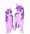 Size: 1671x1882 | Tagged: safe, artist:midnightmoon1986, izzy moonbow, twilight sparkle, pony, unicorn, g4, g5, cloven hooves, disguise, duo, duo female, duo unicorn, female, generational ponidox, glowing, glowing horn, grin, height difference, horn, magic, magic aura, mare, purple mane, purple skin, simple background, smiling, tail, twilight wig, unicorn twilight, unshorn fetlocks, white background, wig