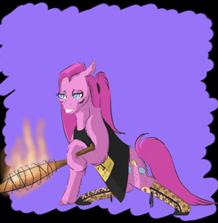 Size: 1756x1790 | Tagged: safe, artist:midnightmoon1986, pinkie pie, earth pony, pony, g4, barbed wire, baseball bat, cactus jack, clothes, female, fire, grin, mare, pinkamena diane pie, shirt, smiling, solo, tail, unshorn fetlocks