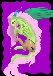 Size: 1484x2119 | Tagged: safe, artist:midnightmoon1986, oc, oc only, draconequus, half-pony, hybrid, concave belly, interspecies offspring, male, offspring, parent:discord, parent:fluttershy, parents:discoshy, smiling, solo, spread wings, tail, unshorn fetlocks, wings