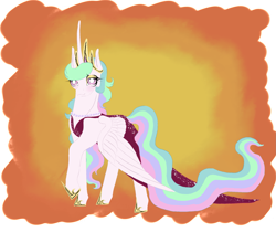 Size: 1935x1624 | Tagged: safe, artist:midnightmoon1986, princess celestia, alicorn, pony, g4, clothes, crown, dress, eyeshadow, female, hoof shoes, horn, jewelry, lidded eyes, makeup, mare, necklace, pearl necklace, princess shoes, raised hoof, regalia, smiling, solo, tail, wings
