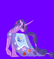 Size: 1534x1674 | Tagged: safe, artist:midnightmoon1986, princess celestia, princess luna, twilight sparkle, pony, g4, alternate hairstyle, applejack's cutie mark, bags under eyes, blue background, cape, clothes, female, fluttershy's cutie mark, horn, implied applejack, implied fluttershy, implied pinkie pie, implied princess cadance, implied rainbow dash, implied rarity, implied shining armor, implied starlight glimmer, implied sunset shimmer, long tail, mare, messy mane, pinkie pie's cutie mark, princess cadance's cutie mark, rainbow dash's cutie mark, raised hoof, rarity's cutie mark, shining armor's cutie mark, simple background, solo, song in the description, starlight glimmer's cutie mark, sunset shimmer's cutie mark, tail, tail band, unshorn fetlocks