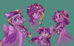 Size: 3000x1875 | Tagged: safe, artist:jewellier, artist:lummh, princess cadance, alicorn, pony, comic:the princess of love, g4, alternate hairstyle, concave belly, female, filly, filly cadance, foal, green background, headdress, high res, jewelry, mare, necklace, simple background, slender, solo, thin, younger