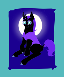 Size: 1620x1940 | Tagged: safe, artist:midnightmoon1986, oc, oc only, oc:nyx, alicorn, pony, clothes, female, filly, foal, full moon, glasses, horn, looking at you, moon, shirt, sitting, solo, tail, unshorn fetlocks