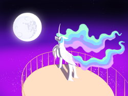 Size: 2048x1536 | Tagged: safe, artist:midnightmoon1986, princess celestia, alicorn, pony, g4, balcony, crying, ethereal mane, ethereal tail, female, floppy ears, folded wings, full moon, horn, implied nightmare moon, mare, mare in the moon, moon, night, sad, solo, stars, tail, unshorn fetlocks, wings
