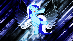 Size: 4096x2304 | Tagged: safe, artist:game-beatx14, artist:mithandir730, artist:ooklah, edit, minuette, pony, unicorn, g4, abstract background, bipedal, dancing, eyes closed, female, horn, mare, open mouth, open smile, smiling, solo, standing, standing on one leg, wallpaper, wallpaper edit