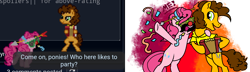 Size: 1580x456 | Tagged: safe, artist:lindasaurie, derpibooru exclusive, cheese sandwich, pinkie pie, earth pony, pony, derpibooru, g4, accessory, accordion, april fools, april fools 2024, clown, clown nose, confetti, dialogue, duo, duo male and female, fake moustache, female, glasses, happy, hug, looking at someone, male, meta, musical instrument, open mouth, party horn, pixel art, rearing, red nose