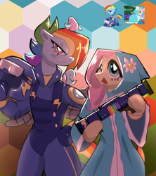 Size: 768x865 | Tagged: source needed, safe, artist:peanutfrogy, screencap, fluttershy, rainbow dash, bird, pegasus, pony, semi-anthro, g4, secret of my excess, the cutie re-mark, abstract background, alternate hairstyle, alternate timeline, apocalypse dash, armor, bowtie, bruised, cloak, clothes, colored eyelashes, crystal war timeline, cute, dashabetes, dress, female, flower, fluttershy is short, fluttershy is smol, gun, happy, height difference, helmet, hooded cape, hoodie, lesbian, open mouth, petite, petiteshy, rocket launcher, scar, screencap reference, ship:flutterdash, shipping, shyabetes, smiling, smirk, smolshy, tallerdash, weapon, weapons-grade cute, wings