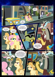 Size: 3259x4607 | Tagged: safe, artist:estories, beaude mane, discord, fluttershy, royal riff, oc, oc:alice goldenfeather, draconequus, pegasus, pony, comic:nevermore, g4, comic, female, hat, male, manehattan, mare, officer, open mouth, police officer, speech bubble, stallion, sunglasses