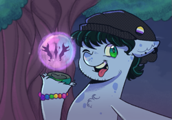 Size: 799x555 | Tagged: safe, artist:kreeeeeez, oc, oc only, oc:drowsy geode, g5, helix piercing, implied death, implied opaline arcana, nonbinary, solo, tongue out, tree