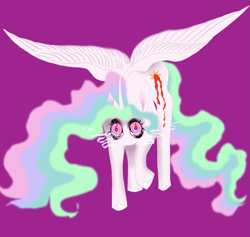Size: 1819x1728 | Tagged: safe, artist:midnightmoon1986, princess celestia, alicorn, pony, g4, cloven hooves, colored, creepy, female, glare, looking at you, mare, purple background, raised hoof, simple background, solo, spread wings, tail, unshorn fetlocks, wings