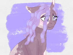 Size: 2048x1536 | Tagged: safe, artist:midnightmoon1986, violette rainbow, pony, unicorn, g5, bags under eyes, dreadlocks, female, horn, lidded eyes, smiling, solo, vitiligo