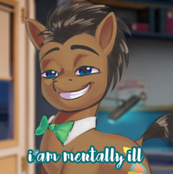 Size: 526x528 | Tagged: safe, artist:xblubotx, doctor whooves, time turner, earth pony, pony, g4, g5, bowtie, dissonant caption, g4 to g5, generation leap, grin, lidded eyes, male, meme, shit eating grin, smiling, solo, stallion, text