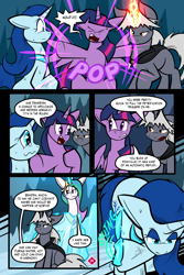 Size: 3000x4500 | Tagged: safe, artist:virmir, princess celestia, twilight sparkle, oc, oc:snowmare doom, oc:virmare, alicorn, comic:so you've become a pony villain, g4, comic, crying, dialogue, glowing, glowing horn, horn, magic, speech bubble, teleportation, wings