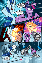 Size: 3000x4500 | Tagged: safe, artist:virmir, twilight sparkle, oc, oc:snowmare doom, oc:virmare, alicorn, pony, comic:so you've become a pony villain, g4, bucking, comic, dialogue, glowing, glowing horn, horn, knife, magic, pun, speech bubble, teleportation, wings