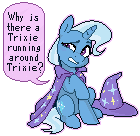Size: 140x136 | Tagged: safe, artist:jewellier, derpibooru exclusive, trixie, pony, unicorn, g4, april fools 2024, confused, female, horn, mare, meta, picture for breezies, pixel art, simple background, sitting, speech bubble, text, transparent background