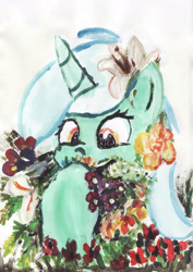 Size: 1632x2307 | Tagged: safe, artist:mandumustbasukanemen, lyra heartstrings, pony, unicorn, g4, cute, eating, female, flower, flower in hair, herbivore, horn, horses doing horse things, lyrabetes, mare, simple background, solo, white background