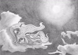 Size: 3424x2449 | Tagged: safe, artist:paajbach, princess luna, oc, oc:palette beat, alicorn, unicorn, cloud, comforting, ethereal mane, glowing, horn, hug, monochrome, moon, moonlight, night, pencil drawing, shading, sky, sleeping, traditional art, unicorn oc, wholesome, winghug, wings