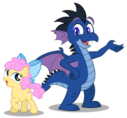 Size: 1920x1787 | Tagged: safe, artist:aleximusprime, oc, oc only, oc:buttercream the dragon, oc:nightwatch, dragon, earth pony, pony, fanfic:my little sister is a dragon, bow, dragonified, duo, female, filly, foal, hair bow, hand on hip, looking at each other, looking at someone, male, open mouth, ponified, raised hoof, role reversal, simple background, smiling, species swap, spread wings, transparent background, wings