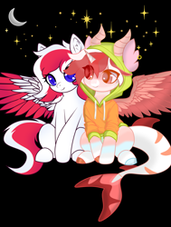 Size: 1024x1351 | Tagged: safe, artist:ella_starshade, oc, oc only, oc:peppermint swirl, oc:red wine, hybrid, original species, pegasus, shark, shark pony, black background, colored wings, duo, duo female, female, hybrid oc, pegasus oc, simple background, tail, two toned mane, two toned tail, two toned wings, wings