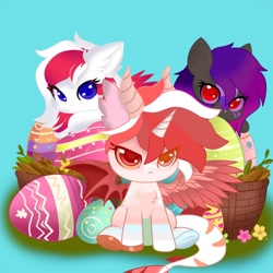 Size: 1024x1024 | Tagged: safe, artist:ella_starshade, oc, oc only, oc:ella starshade, oc:peppermint swirl, oc:red wine, bat pony, hybrid, original species, pegasus, shark, shark pony, bat pony oc, colored wings, egg, female, hybrid oc, pegasus oc, simple background, tail, two toned mane, two toned tail, two toned wings, wings