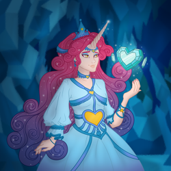Size: 3466x3466 | Tagged: safe, artist:delfinaluther, idw, princess amore, crystal pony, human, unicorn, anthro, g4, amore, cave, clothes, crystal, crystal castle, crystal empire, crystal heart, dress, female, horn, humanized, solo, sparkles