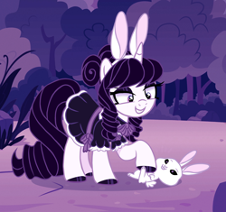 Size: 1800x1689 | Tagged: safe, artist:octoberumn, oc, oc only, oc:porcelain promise, pony, rabbit, unicorn, g4, animal, bunny ears, clothes, dress, female, forest, goth, horn, lolita fashion, mare, nature, solo, tree
