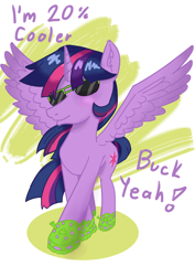 Size: 828x1171 | Tagged: safe, artist:wanderer-w0olf, twilight sparkle, alicorn, pony, g4, 20% cooler, crocs, female, horn, mare, smiling, solo, spread wings, sunglasses, twilight crockle, twilight sparkle (alicorn), wings