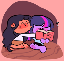 Size: 1031x981 | Tagged: safe, artist:shugrcube, twilight sparkle, oc, human, equestria girls, g4, blushing, book, canon x oc, clothes, dot eyes, duo, duo female, eyes closed, female, kissing, kneeling, reading, shirt, skirt, sweat, sweatdrops