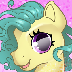 Size: 3391x3390 | Tagged: safe, artist:cutepencilcase, oc, oc only, oc:fineline, earth pony, pony, g3, big eyes, bokeh, bust, looking at you, open mouth, open smile, pink background, portrait, shiny eyes, simple background, smiling, solo, sparkly mane
